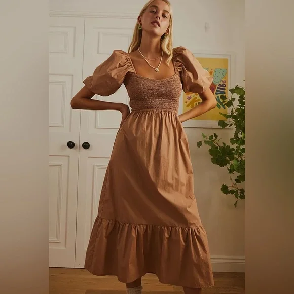 Anthropologie Faithfull the Brand Bloom Smock Midi Dress Hazelnut - Size 10/XL - Picture 1 of 11